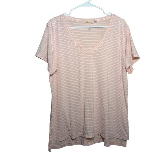 Zella T-Shirt Women's XL Pink Striped Short Sleeve V-Neck Athletic Tunic Top - Picture 1 of 9